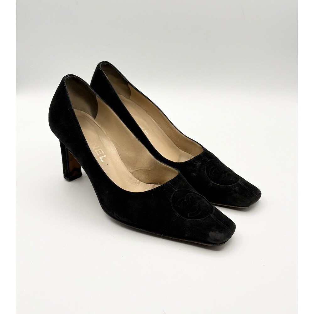 Chanel Black Suede Square Toe Block Heels w/ CC Logo at Toe Vintage Sz EU 36.5